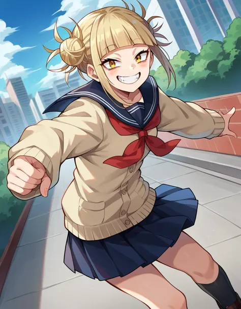 score_9, score_8_up, score_7_up, source_anime,
himikotoga, <lora:himiko-toga-ponyxl-lora-nochekaiser:1>,
himiko toga, bangs, blonde hair, yellow eyes, blunt bangs, hair bun, double bun, messy hair, smile, grin,
skirt, long sleeves, school uniform, pleated skirt, shoes, serafuku, socks, sailor collar, blue skirt, neckerchief, kneehighs, brown footwear, cardigan, black socks, loafers, red neckerchief, yellow cardigan,
outdoors, cityscape,
looking at viewer, cowboy shot, dutch angle, dynamic pose,