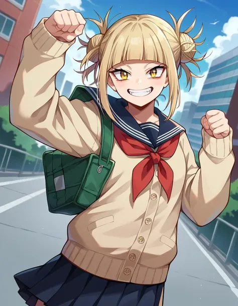 score_9, score_8_up, score_7_up, source_anime,
himikotoga, <lora:himiko-toga-ponyxl-lora-nochekaiser:1>,
himiko toga, bangs, blonde hair, yellow eyes, blunt bangs, hair bun, double bun, messy hair, smile, grin,
skirt, long sleeves, school uniform, pleated skirt, shoes, serafuku, socks, sailor collar, blue skirt, neckerchief, kneehighs, brown footwear, cardigan, black socks, loafers, red neckerchief, yellow cardigan,
outdoors, cityscape,
looking at viewer, cowboy shot, dutch angle, dynamic pose,