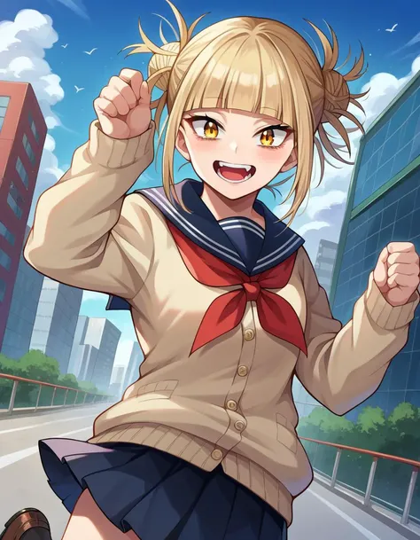 score_9, score_8_up, score_7_up, source_anime,
himikotoga, <lora:himiko-toga-ponyxl-lora-nochekaiser:1>,
himiko toga, bangs, blonde hair, yellow eyes, blunt bangs, hair bun, double bun, messy hair, smile, open mouth,
skirt, long sleeves, school uniform, pleated skirt, shoes, serafuku, socks, sailor collar, blue skirt, neckerchief, kneehighs, brown footwear, cardigan, black socks, loafers, red neckerchief, yellow cardigan,
outdoors, cityscape,
looking at viewer, cowboy shot, dutch angle, dynamic pose,