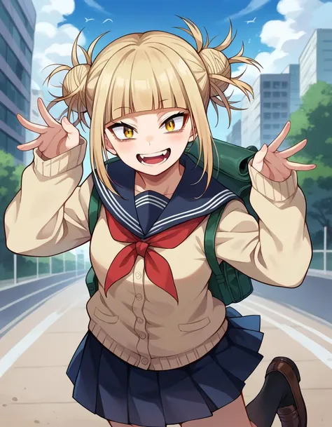 score_9, score_8_up, score_7_up, source_anime,
himikotoga, <lora:himiko-toga-ponyxl-lora-nochekaiser:1>,
himiko toga, bangs, blonde hair, yellow eyes, blunt bangs, hair bun, double bun, messy hair, smile, open mouth,
skirt, long sleeves, school uniform, pleated skirt, shoes, serafuku, socks, sailor collar, blue skirt, neckerchief, kneehighs, brown footwear, cardigan, black socks, loafers, red neckerchief, yellow cardigan,
outdoors, cityscape,
looking at viewer, cowboy shot, dutch angle, dynamic pose,