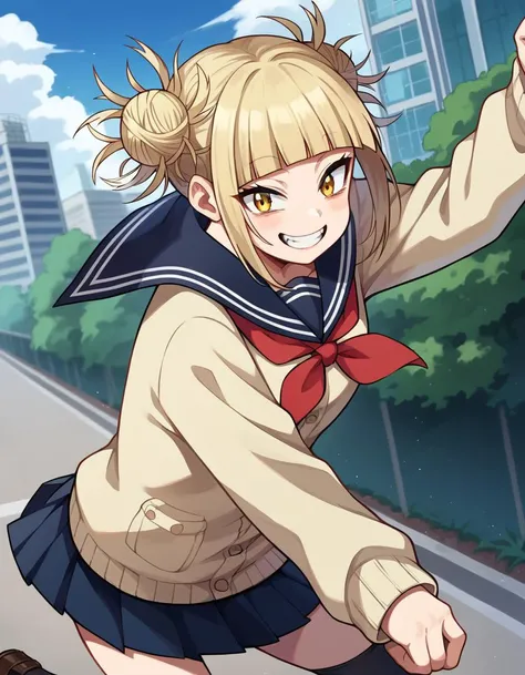 score_9, score_8_up, score_7_up, source_anime,
himikotoga, <lora:himiko-toga-ponyxl-lora-nochekaiser:1>,
himiko toga, bangs, blonde hair, yellow eyes, blunt bangs, hair bun, double bun, messy hair, smile,
skirt, long sleeves, school uniform, pleated skirt, shoes, serafuku, socks, sailor collar, blue skirt, neckerchief, kneehighs, brown footwear, cardigan, black socks, loafers, red neckerchief, yellow cardigan,
outdoors, cityscape,
looking at viewer, cowboy shot, dutch angle, dynamic pose,