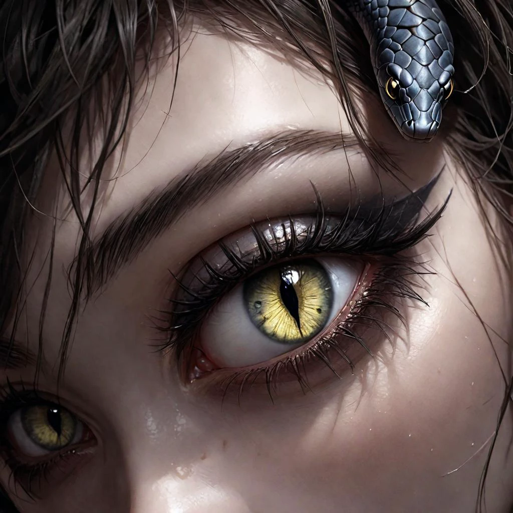 breathtaking gorgonian female,stunning,beautiful,21yo,looking for her new prey,detailed lips,detailed pupils,seductive,hunting,stunning details,skin with scales,evil grin,looking at viewer,background light,snakes hair,face focus,face(evil,detailed skin),<lora:zavy-cntrst-sdxl:0.8>,dark,chiaroscuro,low-key,<lora:deepbeastxl:0.8>,monster,slit pupils,(snake eyes:1.4), . award-winning, professional, highly detailed