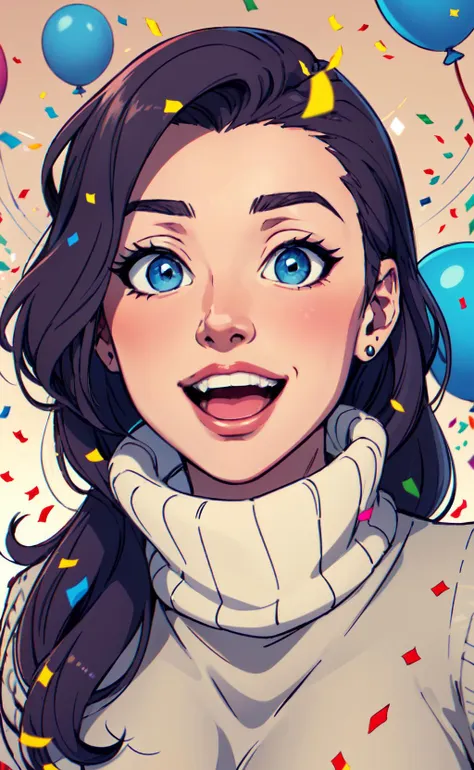 illustration style, drawing of ([Jessica Chastain|Kelly Ripa|Mila Kunis]), wearing baggy turtleneck sweater, huge open mouth smile, perfect eyes, detailed face, looking amazed, excited, emotions, party background, looking flirty, (confetti:1.2), balloons, thick lines