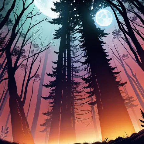 (masterpiece) (award winning) (best quality) (illustration) (lineart) (perfect lines) bloodmoon high in the sky, dark spooky forrest, night (intricate detail) (8k) (UHD) (HDR) (wallpaper) (dark light) (dark shadows)