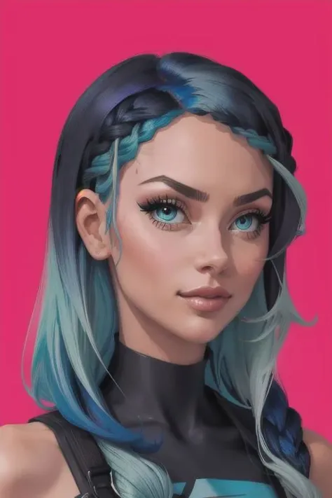 (Cartoon style), flat color style, closeup illustration of civitai-chan, braided bangs, blue hair