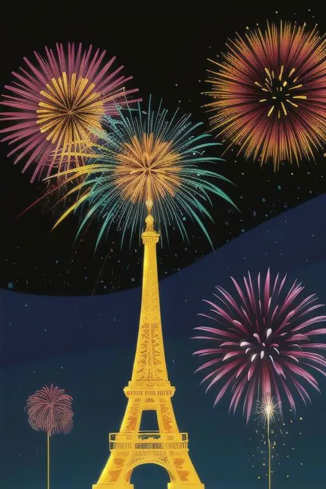 (Cartoon style), flat color style, illustration of fireworks