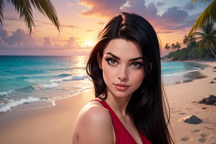 masterpiece,
cartoon, (anime:0.5),
outdoors, tropical beach resort,
stylish Latina woman, 24 years old, (nose freckles:0.45), seductive, slight smile, looking at viewer,
glossy black hair, long hair, hair intakes, BREAK
dark brown eyes, BREAK
best quality,