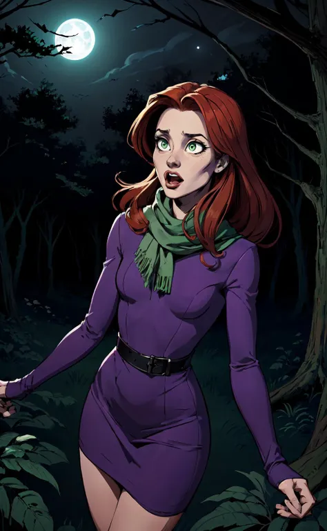 (cartoonish style), simplified drawing of a cute woman, long auburn colored hair, wearing (green scarf), wearing long sleeve (purple colored mini dress), creeping through a scary forest (at night), looking away, mouth open, looking worried, expressive face, detailed face, (eyes wide open), perfect eyes, (perfect hands), jagged tree branches, moonlight, creepy, (dark), flat colors