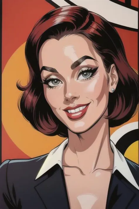 Vintage 1960's retro art printing, Poster of a smiling sexy, Glamorous pin-up 40 year old woman, small breast, perfect face, symmetrical face, French face, sensual face, mischievous smile, upper body, 60's style pin-up,