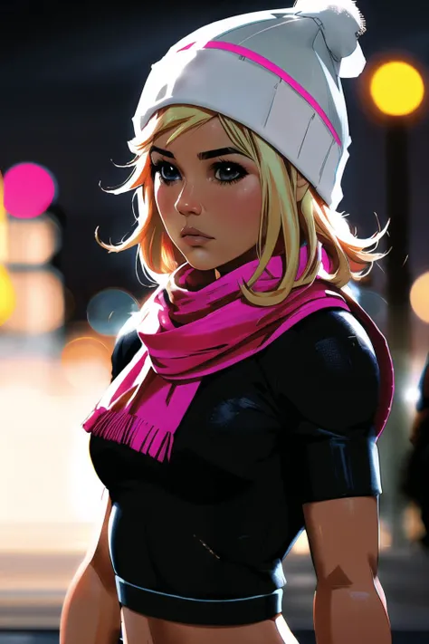 mohe , medium length blonde with pink highlights hair, (minimal ambient light), low light, night, gloomy, moody, fog, bokeh, background is night city, streetwear, beanie, scarf