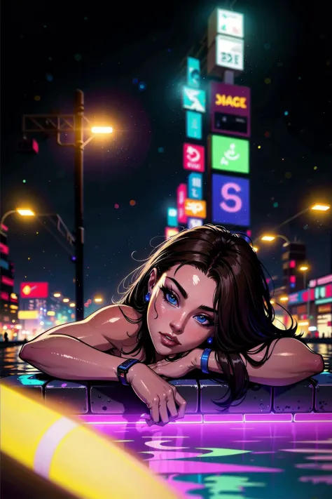 masterpiece, high quality, high res, messy, ornate, soft colors, depth of field, neon colors, bokeh, lens flare, vivid colors, hdr, at a great cyberpunk city, night time, blaze fielding from streets of rage, long brown hair, laying in pool