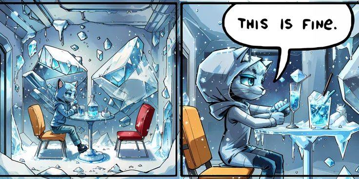 comic style, plain colors, cute ((blue)) ((cat)) humanoid with a hood, sitting in a chair, ((looking at camera)),inside a frozen room, ice stalactites, ((ice crystals)), snow, interior, house, table, chair, soda on table