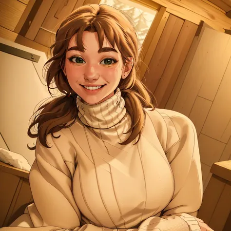 <lora:Zen:0.85> 1girl, smiling, turtleneck sweater in a cozy cabin