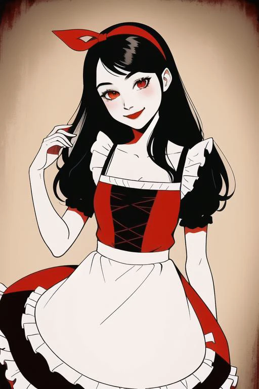 alice in wonderland,1girl, long black hair, red dress, frilly white apron, hairband,smiling,warm colors, masterpiece, best quality, <lora:add_detail:-1>