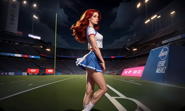 masterpiece, comic, ink illustration, perfect shading,
full body shot, standing, from side, arms at sides, bored, disappointed, looking down, downcast eyes,
night, football field, NFL football game, mist, haze, BREAK
a stunning young arafed woman, 20 years old, Charlotte from France, dark brown eyes, proportional eyes, slim, gorgeous, BREAK
dressed as a cheerleader, white top, ((short)) blue skirt, BREAK
long hair, red hair, wet hair, BREAK
best quality, depth of field, bokeh, light particles, film grain, sportscast,