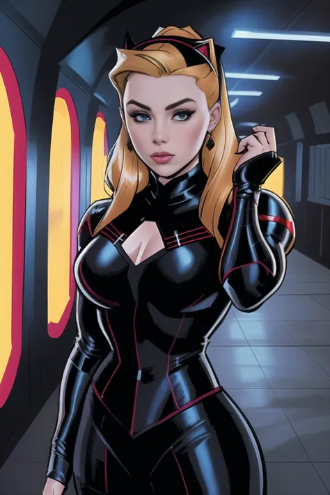 face shot of florence2 dressed as black widow, (black widow costume), (super hero pose), style of marvel comic book, masterpiece, best quality, Intricate, High Detail
