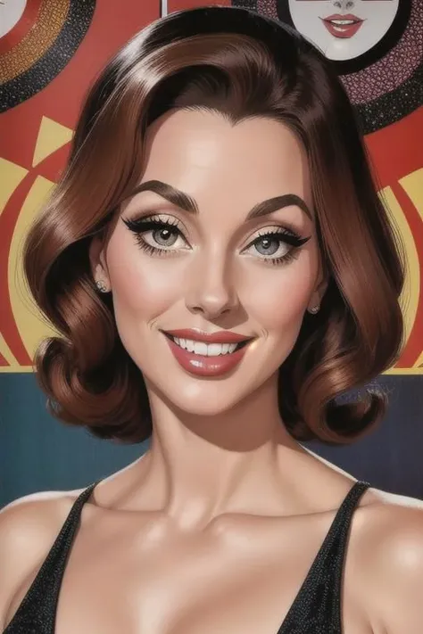 Vintage 1960's retro art printing, Poster of a smiling sexy, Glamorous pin-up 40 year old woman, small breast, perfect face, symmetrical face, French face, sensual face, mischievous smile, 60's style pin-up,