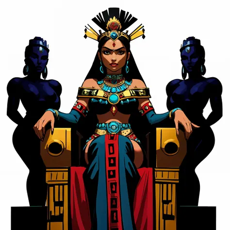 aztec queen of darkness, sitting on throne,