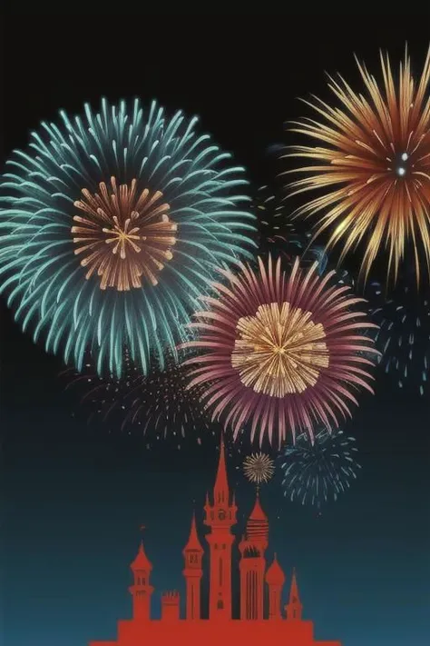 (Cartoon style), flat color style, illustration of fireworks