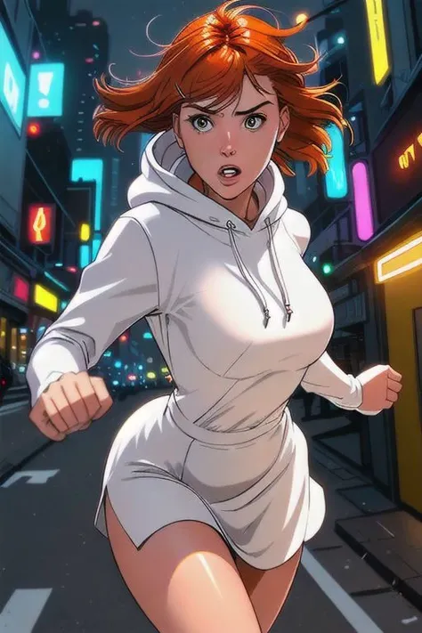 Close up image of 2 subjects, 1girl with auburn colored hair, wearing long sleeve white dress with hood, (running towards camera), (woman looks scared), frightened, running for her life, running away from man wearing armor, getting grabbed by man, down a dirty city alley, futuristic city at (night:1.4), blue and yellow neon signs, chase scene, action scene, thick outlines, comic book style, dynamic camera angle, realistic skin, realistic hands, perfect hands, action lines, motion blur background