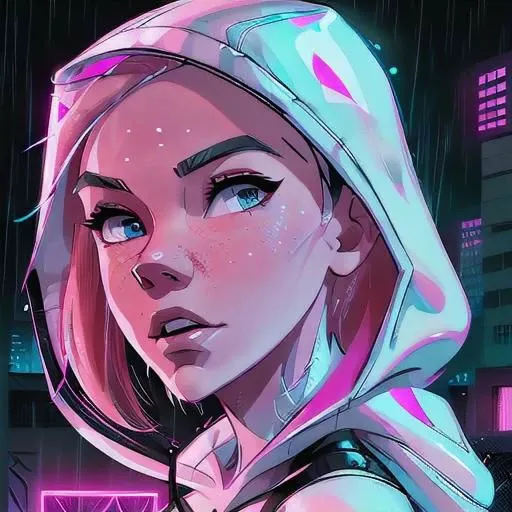 Gwen Stacy, hood on, white hood, inside hood black, inside hood pink web design, nighttime, climbing building, raining, glowing pink, realistic, high detail, portrait, mask