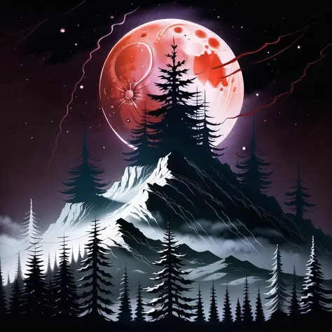 (masterpiece) (award winning) (best quality) (illustration) (lineart) (perfect lines) (bloodmoon:1.2) dominating the sky, dark spooky forrest, dark night (intricate detail) (8k) (UHD) (HDR) (wallpaper) (soft moonlight) (dark shadows)