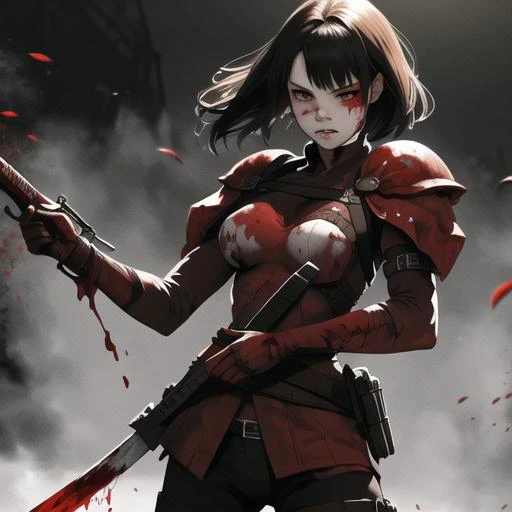 girl,bleeding, holding weapon, surrounded by enemy,