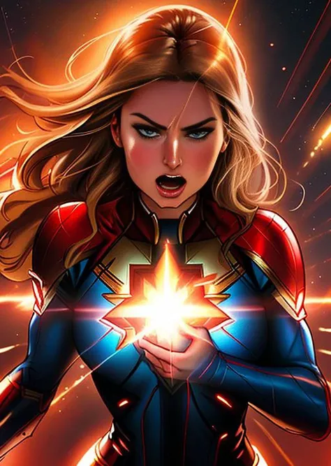 three quarters portrait head shoulders dramatic painting of MarileeSD15 as captain marvel flying at super high speed through space with glowing eyes and glowing power all around her, (her face twisted in rage, screaming), (flying through space punching her first forward), ((action shot, action pose, speed lines)), 4k textures, adobe lightroom, photolab, highly detailed, sharp focus, even lighting, insane details, intricate details, hyperdetailed, exposure blend