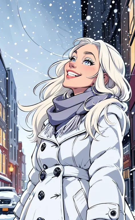 (cartoonish style), flat color style, close up illustration of a woman, on a snowy street, long platinum blonde hair blowing in the wind, wearing fashionable winter coat and a scarf, (looking up:1.2), smile, snowing, snow, cold winter day, busy city background, cars, buildings, detailed face, perfect eyes