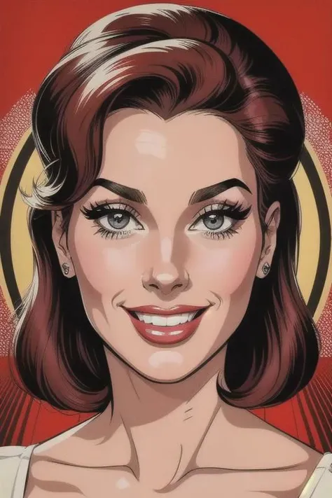 Vintage 1960's retro art printing, Poster of a smiling, Glamorous pin-up 40 year old woman, small breast, perfect face, symmetrical face, French face, sensual face, mischievous smile, upper body, 60's style pin-up,