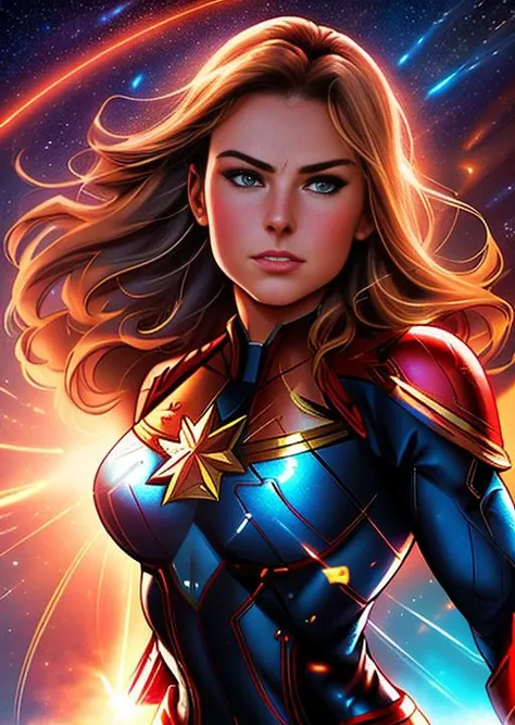 three quarters portrait head shoulders dramatic painting of MarileeSD15 as captain marvel flying at super high speed through space with glowing eyes and glowing aura around her body, (sly evil grin on her face), (flying through space punching her first forward), ((action shot, action pose, speed lines)), 4k textures, adobe lightroom, photolab, highly detailed, sharp focus, even lighting, insane details, intricate details, hyperdetailed, exposure blend