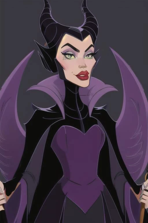 (Cartoon style), flat color style, illustration of MaleficentWaifu, dress