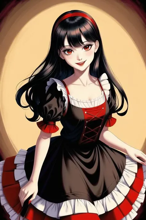 alice in wonderland,1girl, long black hair, red dress, frilly white apron, hairband,smiling,warm colors, masterpiece, best quality, <lora:add_detail:0.5>