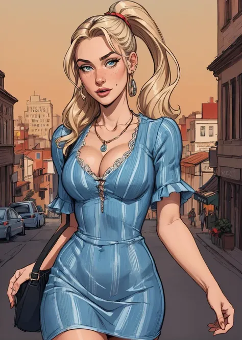 (full shot:1.5, cowboy shot:1.5), (cartoon style), flat colors, illustrated portrait of a sexy 20 years old irish woman, long hair, ponytail, (nose freckles:.8), medium breast, seductive, cleavage, detailed face, detailed eyes, 1girl, bag, jewelry, lace-up boots, necklace, striped shirt, solo, quality facial expression, city background, d&g dress, <lora:DG_2015:1>,