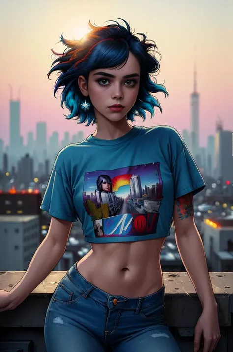 comics style, (((masterpiece))), high resolution, rock chick, punk, riot grrrl, 20 years old, beautiful, cute, on a rooftop, urban skyline in background, tshirt, denim jeans, dyed hair, (intricate fabric:1.1), photorealistic, (confident:1.2), (artistic:1.3), gritty, portrait by Sally Mann and Peter Lindbergh, detailed, iso 100, f1.4, long lens, (light leaks:1.2), UHD, HDR, very detailed, (trending on artstation:1.3), Rolling Stone shoot