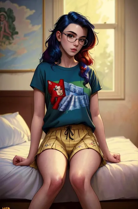 comics style, (((masterpiece))), high resolution, gamer girl, nerd, 20 years old, beautiful, cute, in her bedroom, casual clothes, fabric detail, dyed hair, (intricate fabric:1.1), photorealistic, UHD, HDR, very detailed, (trending on artstation:1.3), Rolling Stone shoot