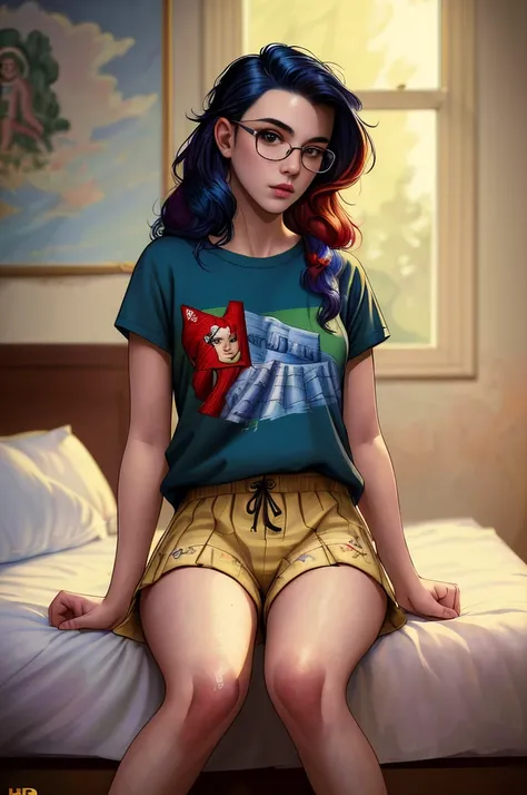 comics style, (((masterpiece))), high resolution, gamer girl, nerd, 20 years old, beautiful, cute, in her bedroom, casual clothes, fabric detail, dyed hair, (intricate fabric:1.1), photorealistic, UHD, HDR, very detailed, (trending on artstation:1.3), Rolling Stone shoot