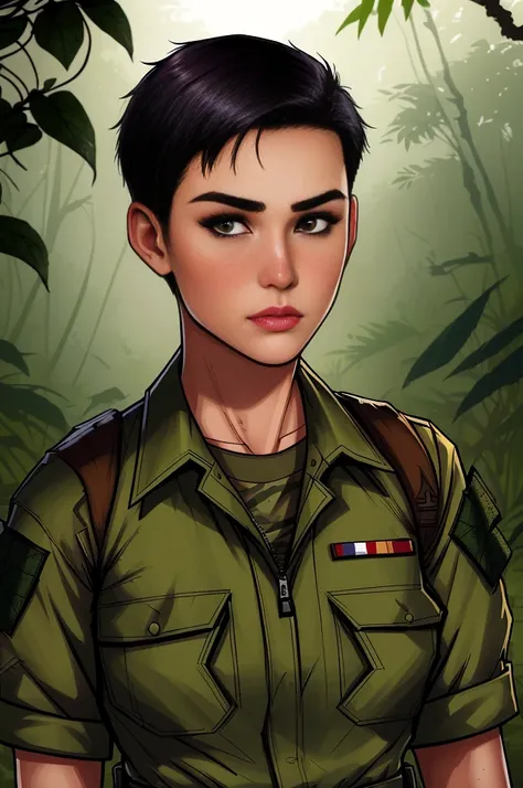comics style, high quality, American GI, (female:1.4), (Caucasian:1.4), beautiful, sexy, photorealistic, short hair, jungle fatigues, combat gear, Vietnam War, intense, dense jungle background