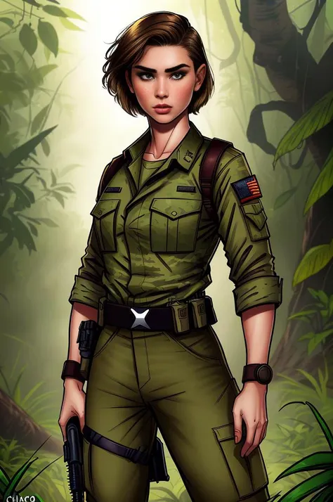 comics style, high quality, American GI, (female:1.4), (Caucasian:1.4), beautiful, sexy, photorealistic, short hair, jungle fatigues, combat gear, Vietnam War, intense, dense jungle background
