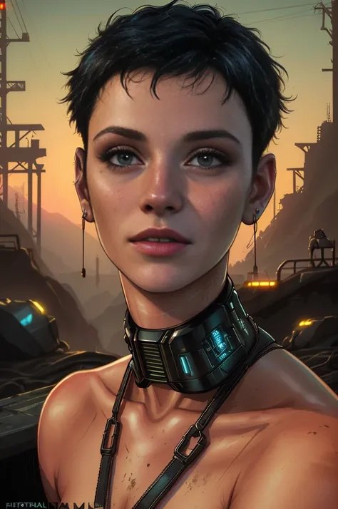 analog style, high resolution, (((masterpiece))), coal miner, female, (sexy:0.9), dirty, cyberpunk, futuristic, sci-fi, very detailed, short hair, Award-winning movie poster, (((photorealistic)))