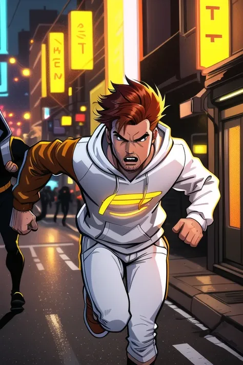Close up image of 2 subjects, 1boy with auburn colored hair, wearing long sleeve ((white sweatshirt) with hood), (running towards camera), (man looks scared), frightened, running for his life, running away from man wearing armor, getting grabbed by man, down a dirty city alley, futuristic city at (night:1.4), blue and yellow neon signs, chase scene, action scene, thick outlines, comic book style, dynamic camera angle, realistic skin, realistic hands, perfect hands, action lines, motion blur background