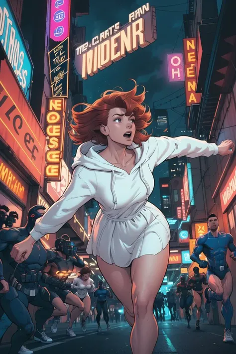 Close up image of 2 subjects, 1girl with disheveled auburn colored hair, wearing white detailed loose oversized flowing long sleeve ill-fitting white flared dress with hood and white short skirt, flapping in the wind, (running towards camera), (woman looks scared), (frightened), running for her life, looking over shoulder, adult face, (running away from man wearing armor, (getting grabbed by man)), down a dirty (very (crowded) city alley) with people standing around, futuristic city at (night:1.4), blue and yellow neon signs, chase scene, action scene, ((thick outlines, professional (comic book style))), dynamic camera angle, realistic skin, realistic hands, perfect hands, action lines, motion blur background, well lit, (flat shading), (foreshortened), defined toned athletic body, sneakers, speed lines