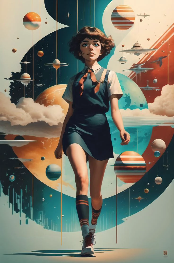 Masterpiece , minimalistic poster art, digital painting, (happy colorful epic:1.2), full body, beautiful 20 years old student girl walking in to camera , short brown hair, blue eyes, long black dress school uniform, red scout tie, (masterpiece art background:1), CCDDA Artstyle, soviet retrofuturism, communism, utopia, human progress, spaceships, distant planets, stars, highly detailed, <lora:alisaselezneva:0.63>