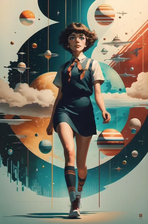 Masterpiece , minimalistic poster art, digital painting, (happy colorful epic:1.2), full body, beautiful 20 years old student girl walking in to camera , short brown hair, blue eyes, long black dress school uniform, red scout tie, (masterpiece art  background:1), CCDDA Artstyle, soviet retrofuturism, communism, utopia, human progress, spaceships, distant planets, stars,  highly detailed, <lora:alisaselezneva:0.63>