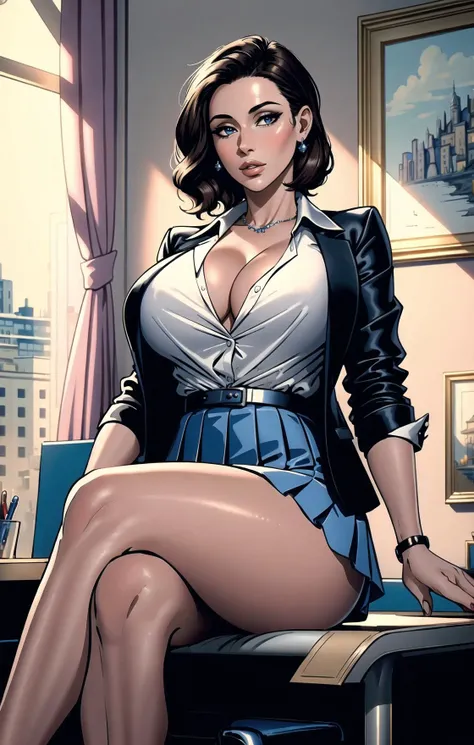 (masterpiece:1.4), detailed photograph of a beautiful french business woman, 1woman, mature, 42 years old,  brunette, very short hair,  very large breasts, puffy areolas, beautiful legs, pleated mini-skirt, shirt, open jacket,  cleavage:1.2, classy high-heels pumps:1.2, elegant, noble, no bra, no panties, luxury office:1.2,  intricate, realistic:1.3, vibrant colors:1.2