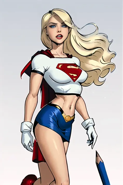 sexy <lora:Supergirl_Galatea:0.5>Supergirl long blonde hair and blue eyes, black hairband, white croptop, short sleeves, red cape, blue pencil skirt, red boots, white gloves