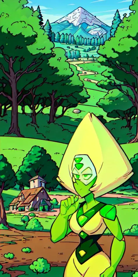 (((incredibly absurdres, highliest perfect intricate details, highliest detailed perfect supermodel))) (((Peridot(SU), solo, 1girl, countryside, forest in background))) <lora:Peridot(SU):1>