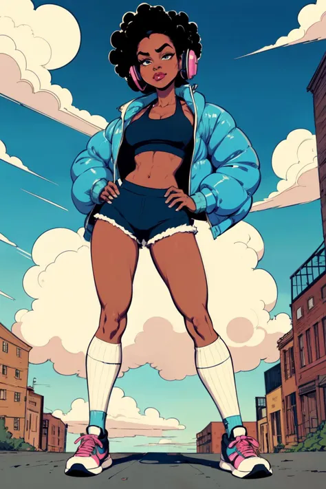 (flat color style), light blue jacket, shorts, hip