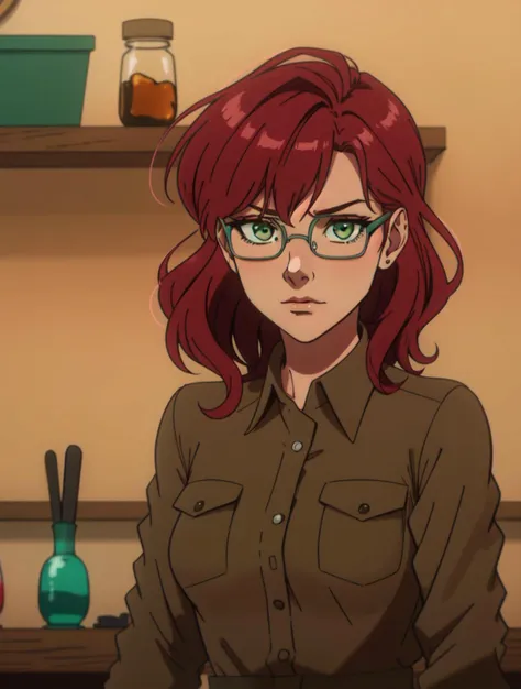 masterpiece, best quality,
toon \(style\),
<lora:dahlia.sd15.v1:0.55> dahlia,
red hair,
1girl,solo, teenager,
brown shirt, collared shirt,
grey glasses,
green eyes,
serious, stern looking,
standing,
indoors, laboratory, tools, dark, night,