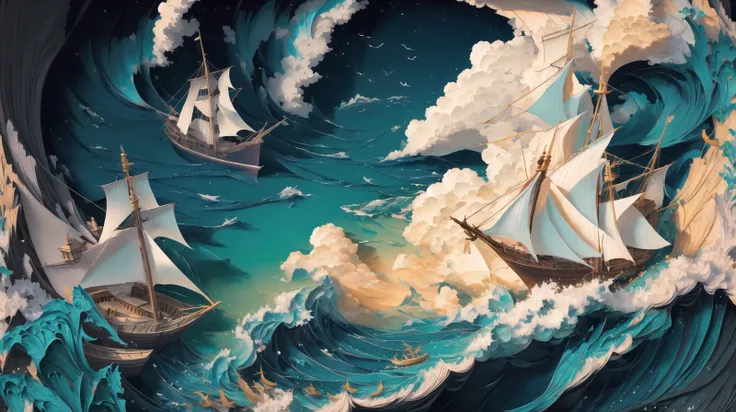 sea,ocean,fish,boat, <lora:剪纸:1>, papercut,vivid,sky,cloud,